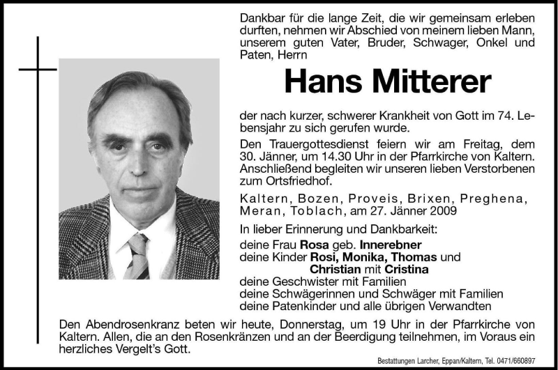  Traueranzeige für Hans Mitterer vom 29.01.2009 aus Dolomiten