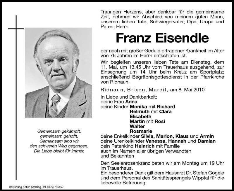  Traueranzeige für Franz Eisendle vom 10.05.2010 aus Dolomiten