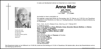 Traueranzeige von Anna Mair von Dolomiten