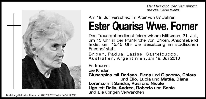  Traueranzeige für Ester Forner vom 21.07.2010 aus Dolomiten