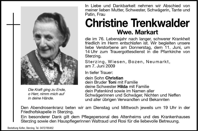  Traueranzeige für Christine Markart vom 09.06.2009 aus Dolomiten