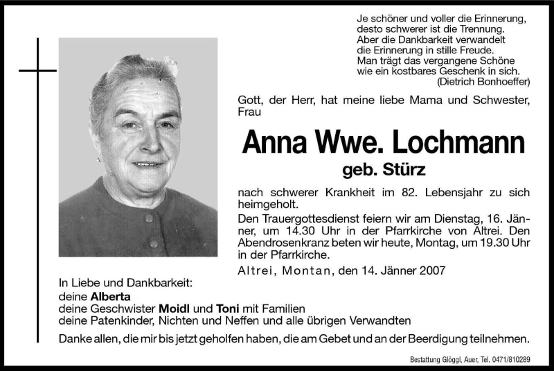  Traueranzeige für Anna Lochman vom 15.01.2007 aus Dolomiten