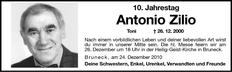  Traueranzeige für Antonio Zilio vom 24.12.2010 aus Dolomiten