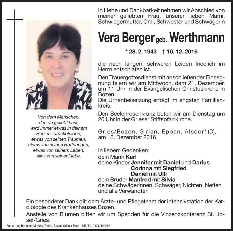  Traueranzeige für Vera Berger vom 19.12.2016 aus Dolomiten