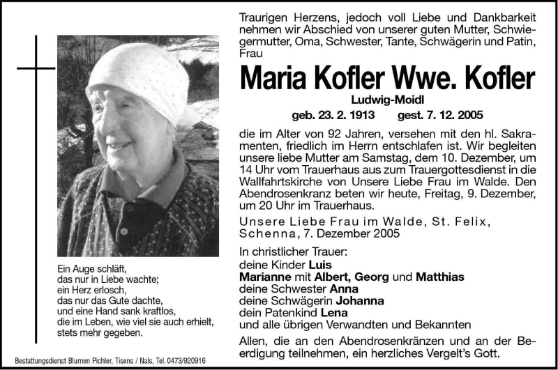  Traueranzeige für Maria Kofler vom 09.12.2005 aus Dolomiten