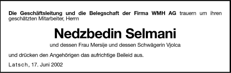  Traueranzeige für Nedzbedin Selmani vom 18.06.2002 aus Dolomiten