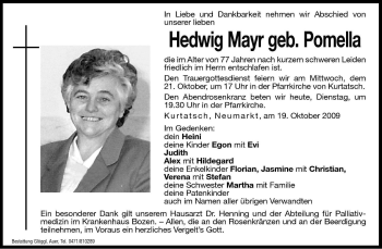 Traueranzeige von Hedwig Mayr von Dolomiten