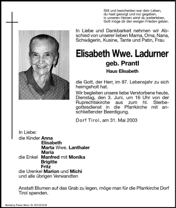 Traueranzeige von Elisabeth Ladurner von Dolomiten