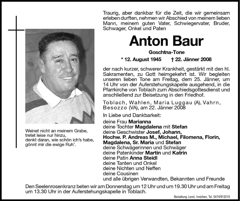  Traueranzeige für Anton Baur vom 24.01.2008 aus Dolomiten