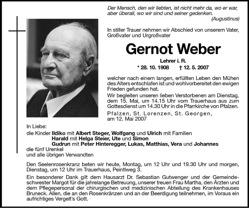  Traueranzeige für Gernot Weber vom 14.05.2007 aus Dolomiten