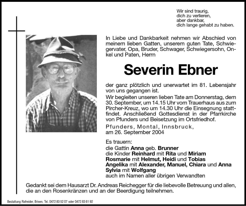  Traueranzeige für Severin Ebner vom 28.09.2004 aus Dolomiten