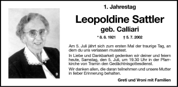 Traueranzeige von Leopoldine Sattler von Dolomiten