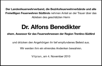 Traueranzeige von Alfons Benedikter von Dolomiten