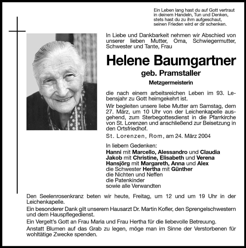  Traueranzeige für Helene Baumgartner vom 26.03.2004 aus Dolomiten