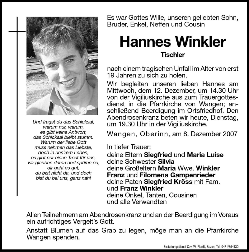  Traueranzeige für Hannes Winkler vom 11.12.2007 aus Dolomiten