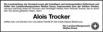 Traueranzeige von Alois Trocker von Dolomiten