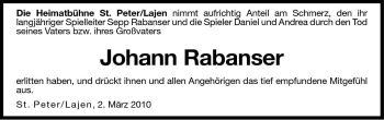 Traueranzeige von Johann Rabanser von Dolomiten