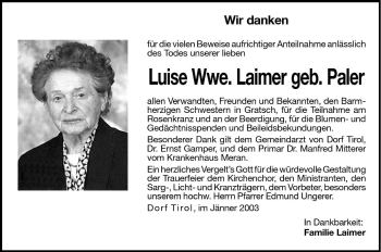 Traueranzeige von Luise Laimer von Dolomiten