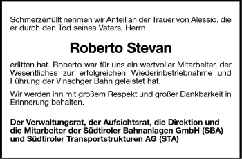 Traueranzeige von Roberto Stevan von Dolomiten