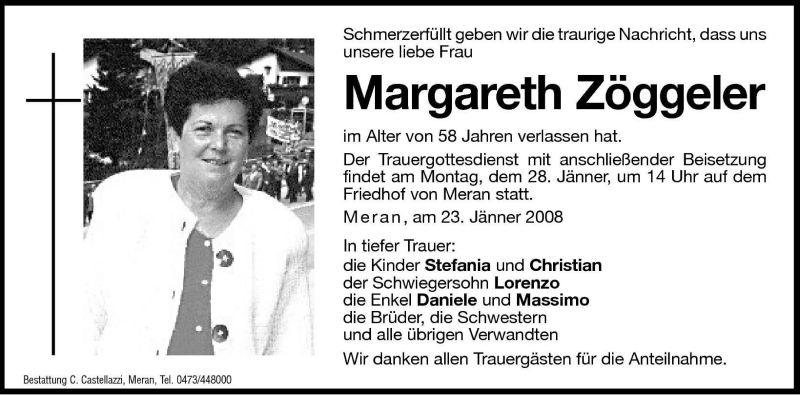  Traueranzeige für Margareth Zöggeler vom 26.01.2008 aus Dolomiten