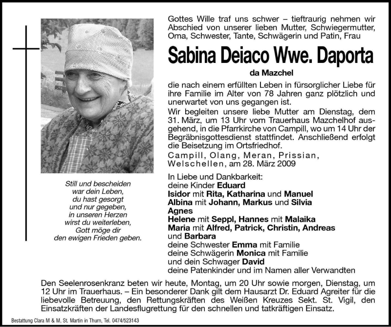  Traueranzeige für Sabina Daporta vom 30.03.2009 aus Dolomiten