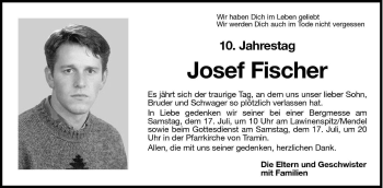 Traueranzeige von Josef Fischer von Dolomiten