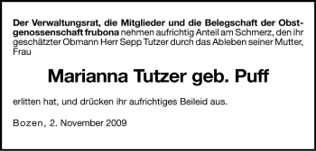 Traueranzeige von Marianna Tutzer von Dolomiten