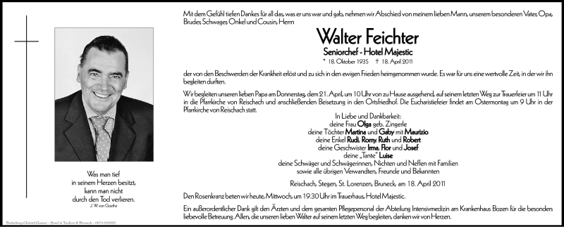  Traueranzeige für Walter Feichter vom 20.04.2011 aus Dolomiten