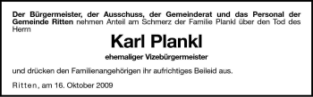 Traueranzeige von Karl Plankl von Dolomiten