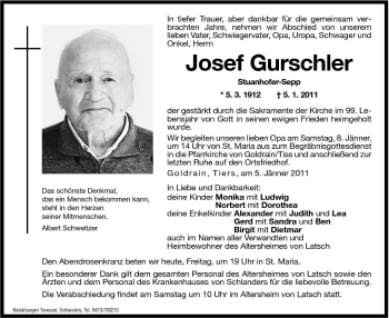 Traueranzeige von Josef Gurschler von Dolomiten