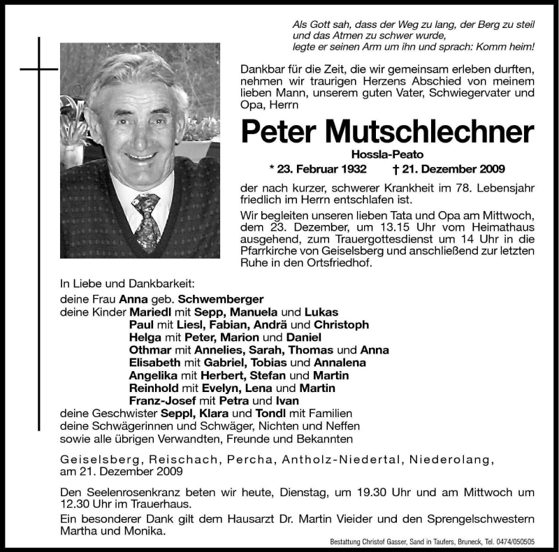  Traueranzeige für Peter Mutschlechner vom 22.12.2009 aus Dolomiten
