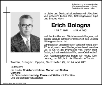 Traueranzeige von Erich Bologna von Dolomiten