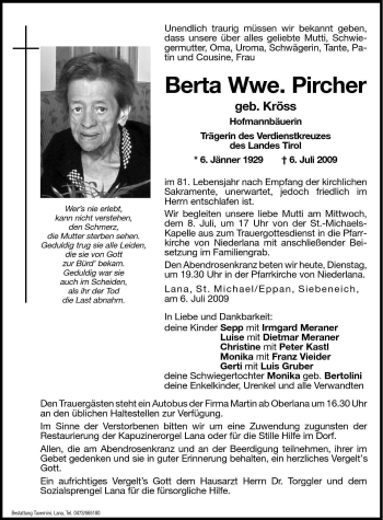 Traueranzeige von Berta Pircher von Dolomiten
