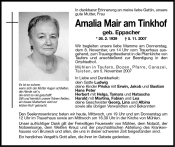 Traueranzeige von Amalia Mair am Tinkhof von Dolomiten