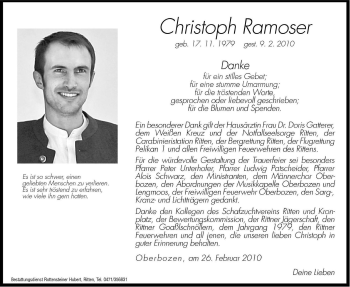 Traueranzeige von Christoph Ramoser von Dolomiten