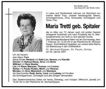 Traueranzeige von Maria Trettl von Dolomiten