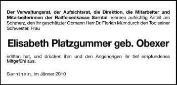 Traueranzeige von Elisabeth Platzgummer von Dolomiten