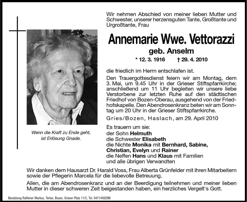  Traueranzeige für Annemarie Vettorazzi vom 30.04.2010 aus Dolomiten