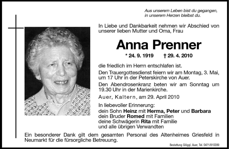  Traueranzeige für Anna Prenner vom 30.04.2010 aus Dolomiten