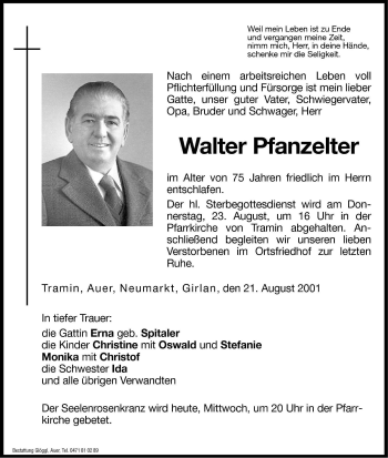 Traueranzeige von Walter Pfanzelter von Dolomiten