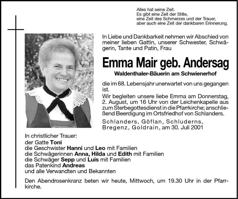  Traueranzeige für Emma Mair vom 01.08.2001 aus Dolomiten