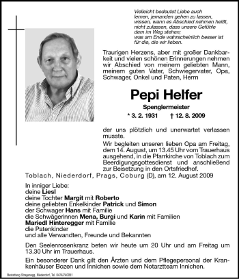 Traueranzeige von Pepi Helfer von Dolomiten