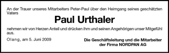 Traueranzeige von Paul Urthaler von Dolomiten