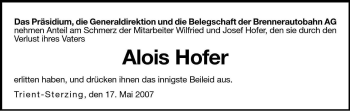 Traueranzeige von Alois Hofer von Dolomiten
