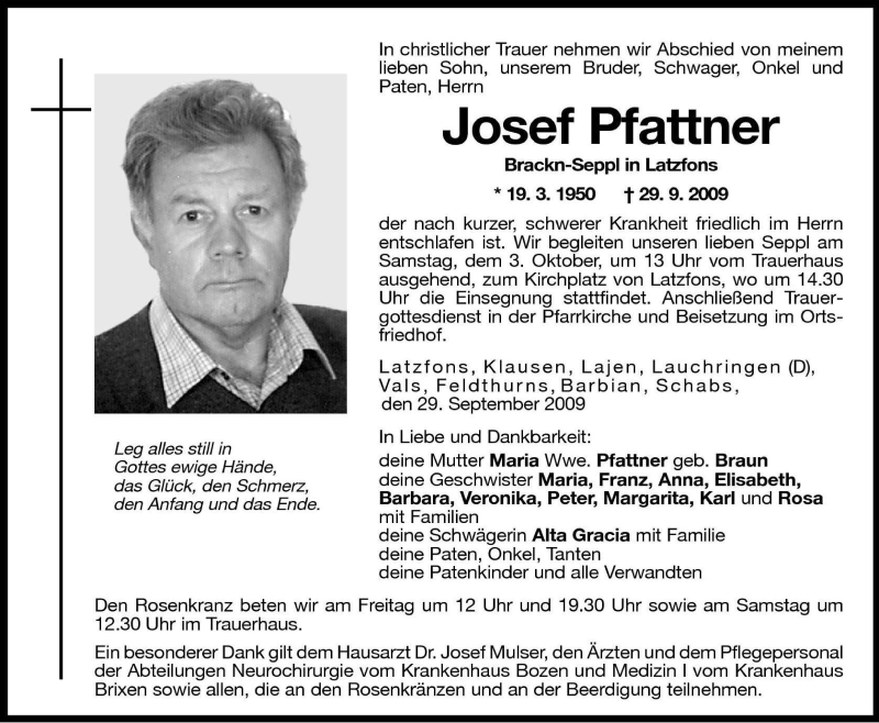  Traueranzeige für Josef Pfattner vom 02.10.2009 aus Dolomiten