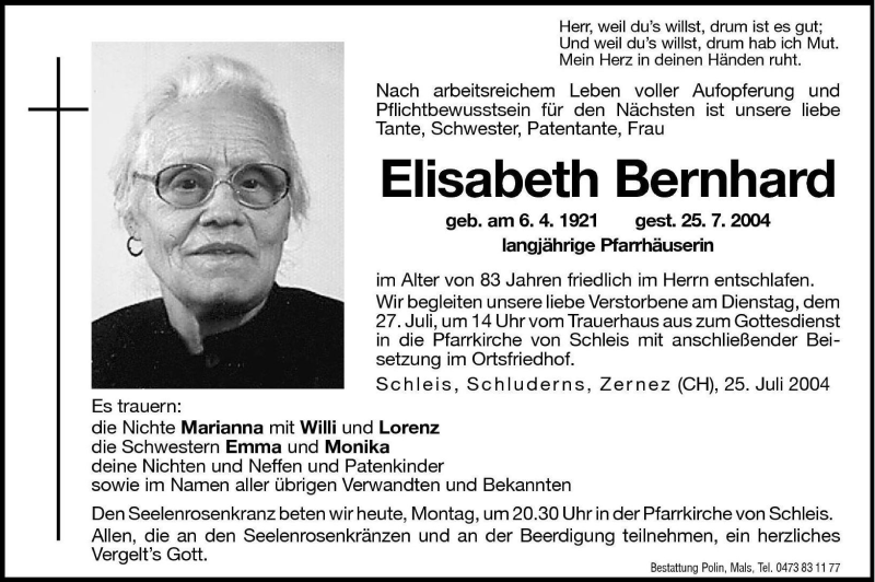 Traueranzeigen Von Elisabeth Bernhard | Trauer.bz