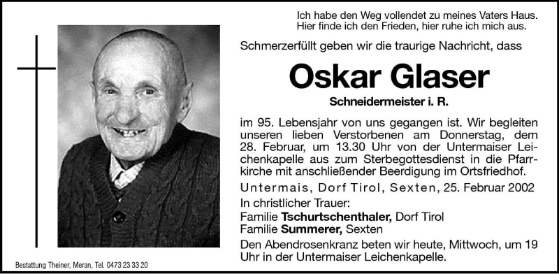  Traueranzeige für Oskar Glaser vom 27.02.2002 aus Dolomiten