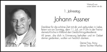 Traueranzeige von Johann Assner von Dolomiten