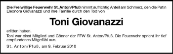 Traueranzeige von Toni Giovanazzi von Dolomiten