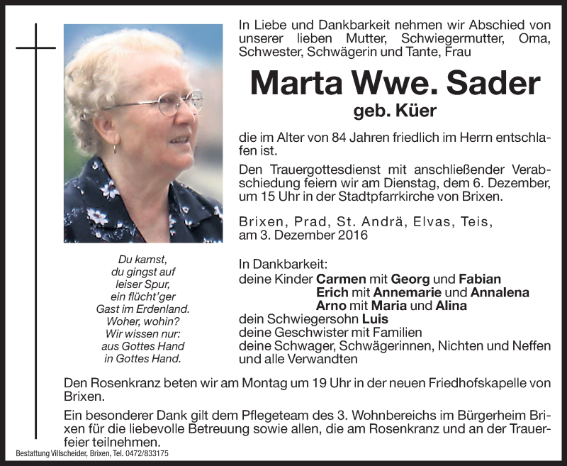  Traueranzeige für Marta Sader vom 05.12.2016 aus Dolomiten